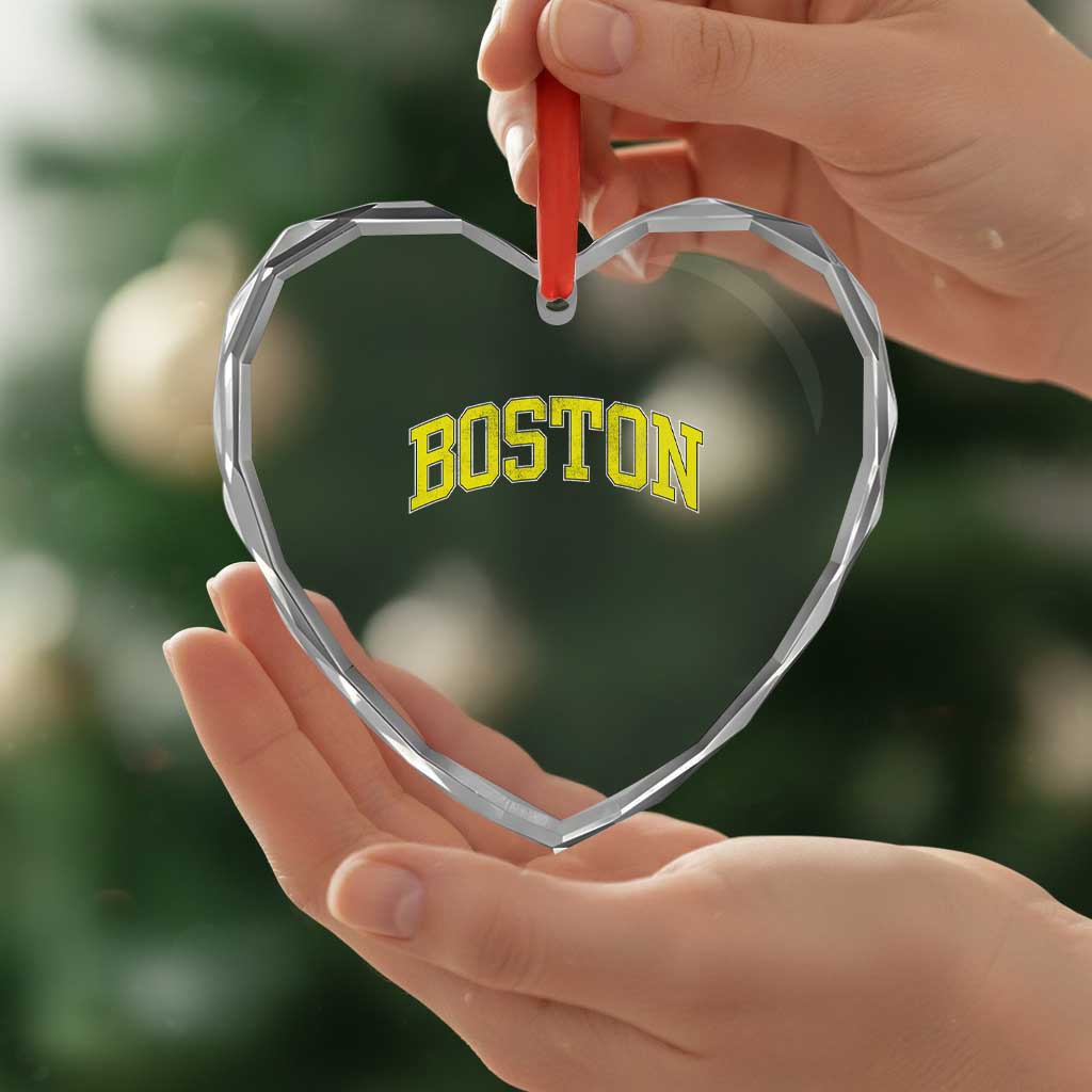 Retro Yellow Boston Massachusetts MA Vintage Throwback Running Heart Crystal Glass Ornament