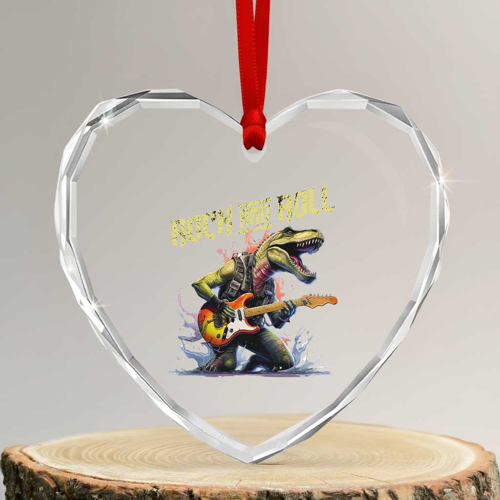 Rock And Roll Heart Crystal Glass Ornament Funny Dionasaur Playing Guitar - Wonder Print Shop