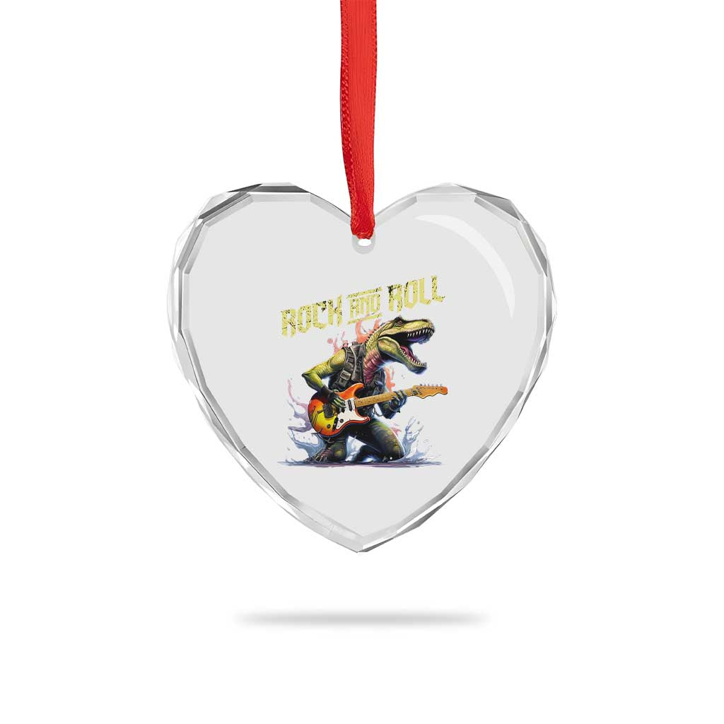 Rock And Roll Heart Crystal Glass Ornament Funny Dionasaur Playing Guitar - Wonder Print Shop