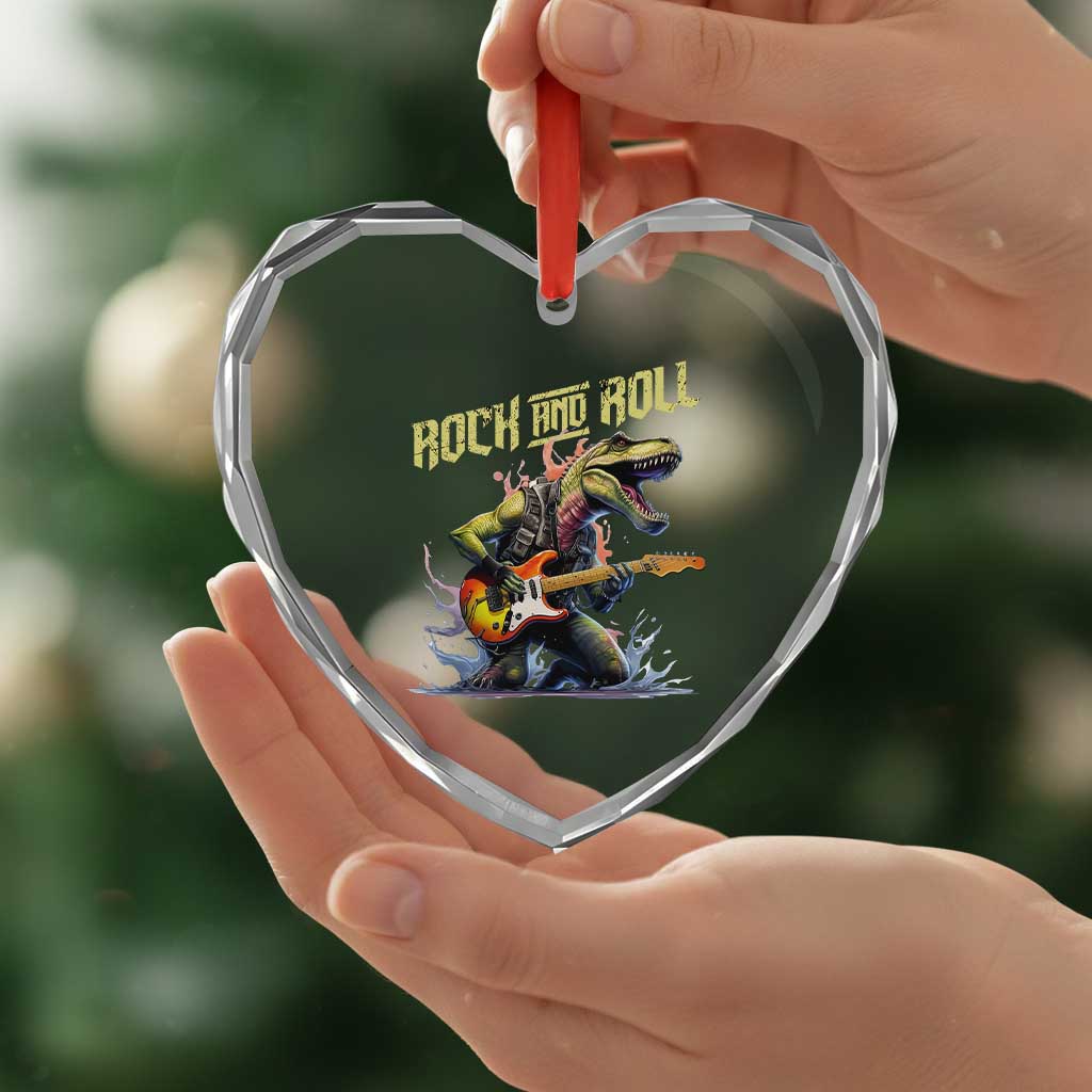 Rock And Roll Heart Crystal Glass Ornament Funny Dionasaur Playing Guitar - Wonder Print Shop