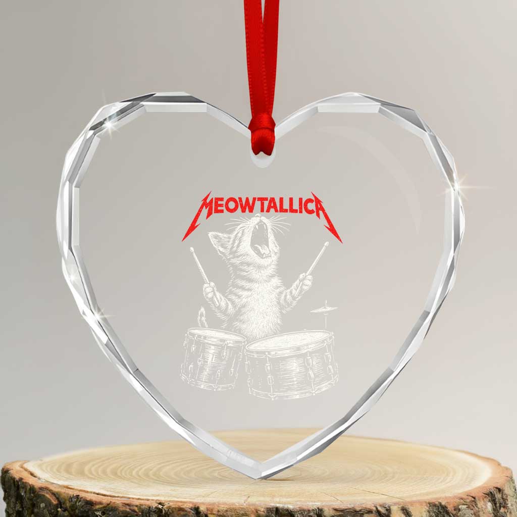 Rock On Vintage Drummer Cat Heart Crystal Glass Ornament Vintage 90s 80s Band Style Gift for Cat Owners - Wonder Print Shop