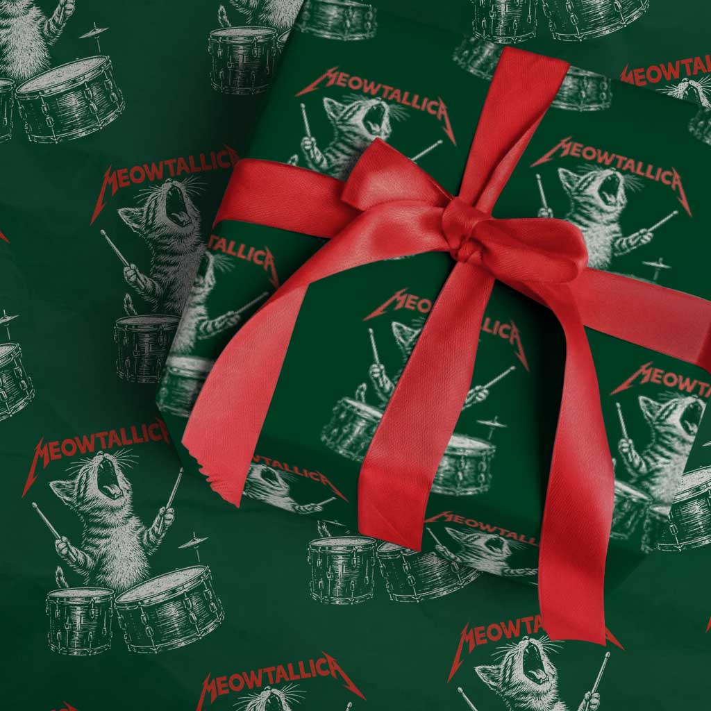 Rock On Vintage Drummer Cat Wrapping Paper Roll Vintage 90s 80s Band Style Gift for Cat Owners - Wonder Print Shop