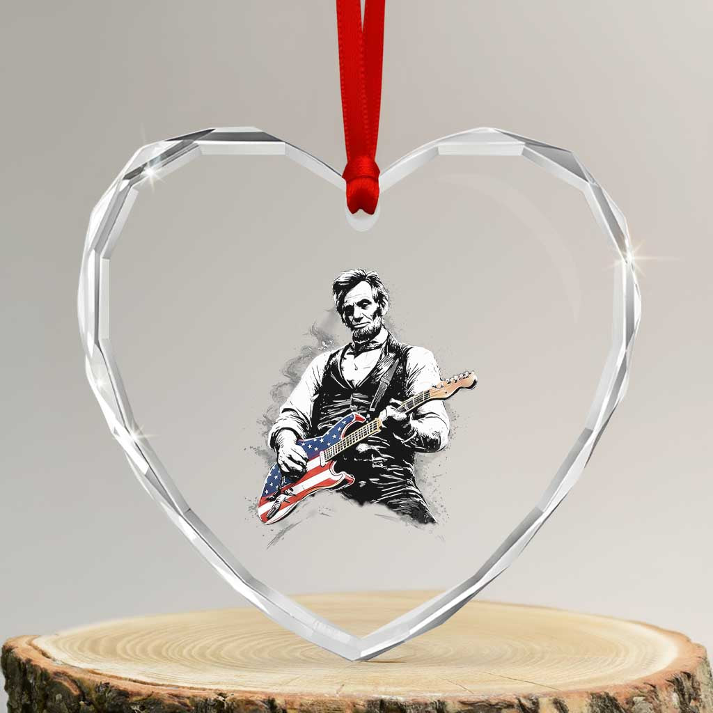 Rockin Abe Abraham Lincoln Playing Electric Guitar Heart Crystal Glass Ornament Patriotic Music Rocker Mashup 4th of July Celebration