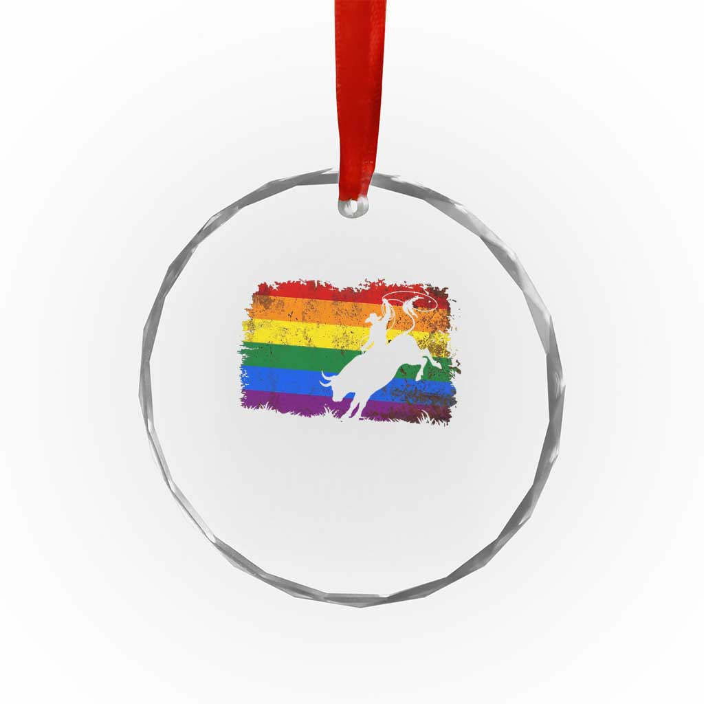 Rodeo Cowboy Bull Rider Western LGBTQ Rainbow Flag Crystal Glass Ornament