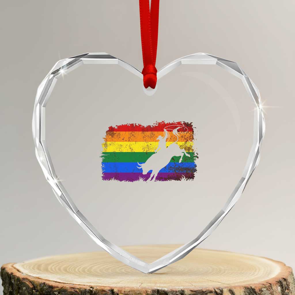 Rodeo Cowboy Bull Rider Western LGBTQ Rainbow Flag Heart Crystal Glass Ornament