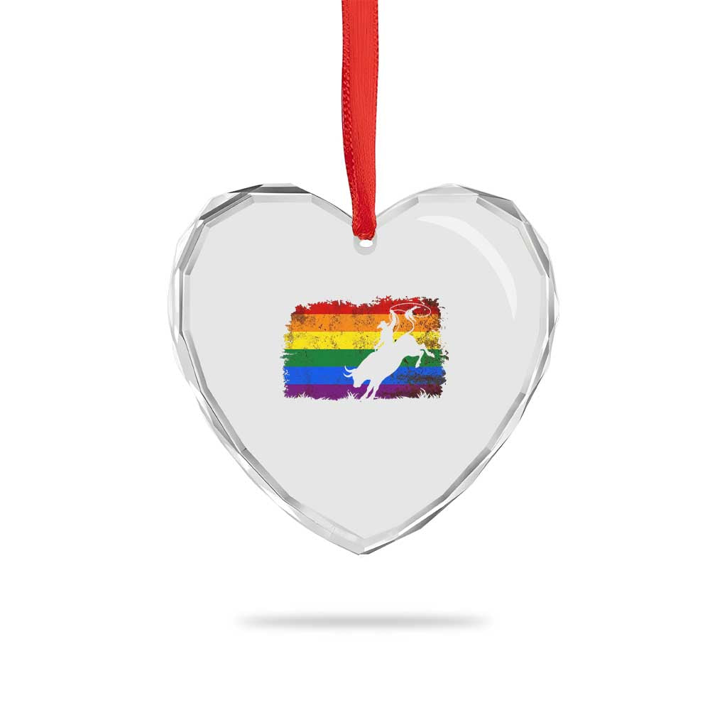 Rodeo Cowboy Bull Rider Western LGBTQ Rainbow Flag Heart Crystal Glass Ornament