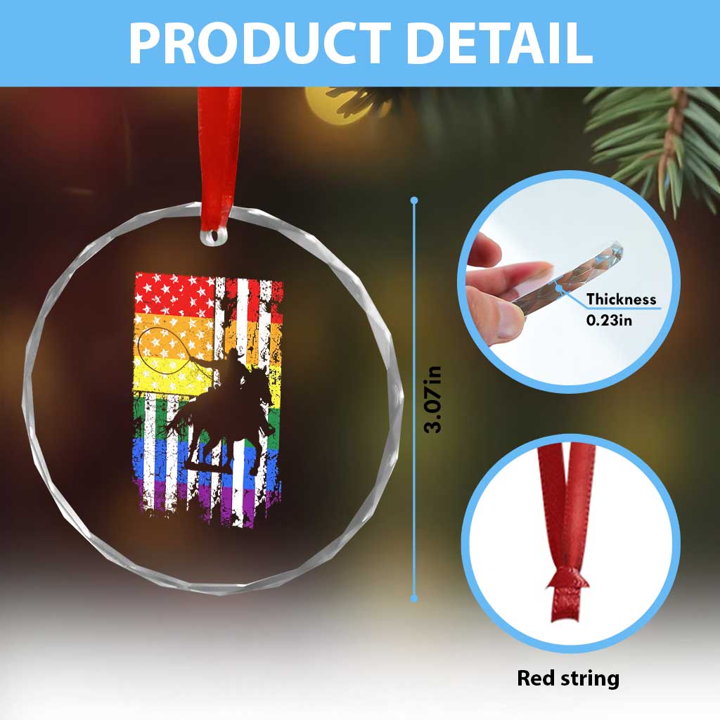 Rodeo Gay Cowboy Western LGBTQ Rainbow Flag Crystal Glass Ornament