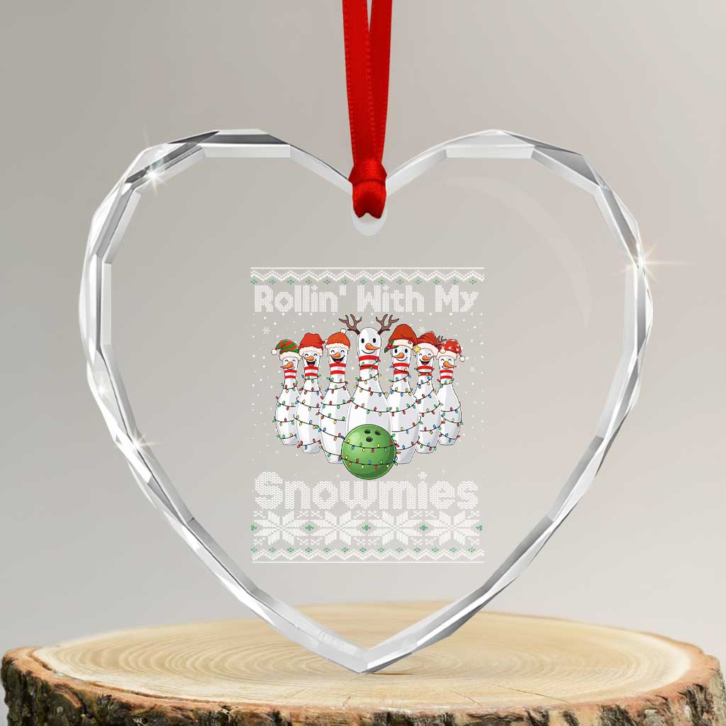 Rollin With My Snowmies Heart Crystal Glass Ornament Funny Christmas Bowling Ugly Sweater Gift - Wonder Print Shop