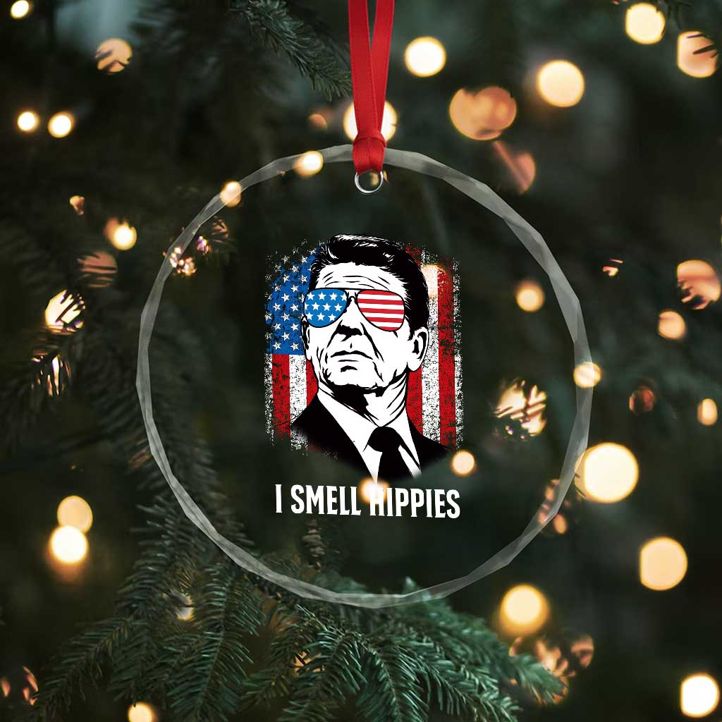 Ronald Reagan 4th of July America Flag Crystal Glass Ornament I Smell Hippies