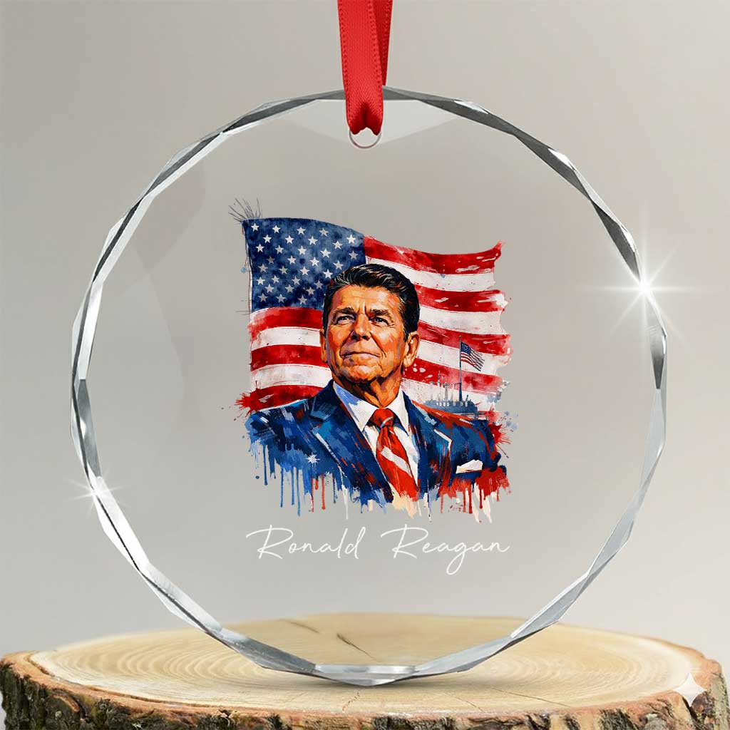 Ronald Regan Patriotic American Flag President Crystal Glass Ornament