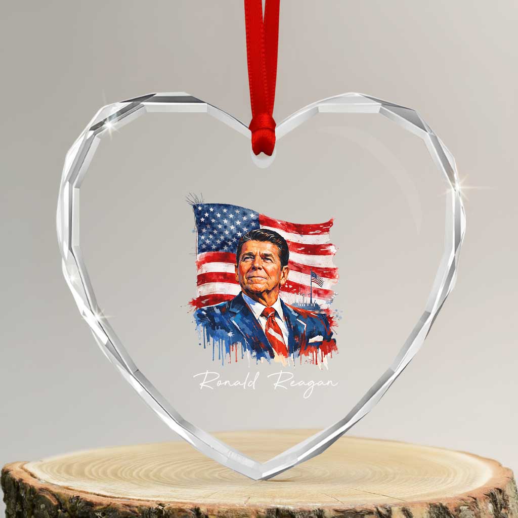 Ronald Regan Patriotic American Flag President Heart Crystal Glass Ornament