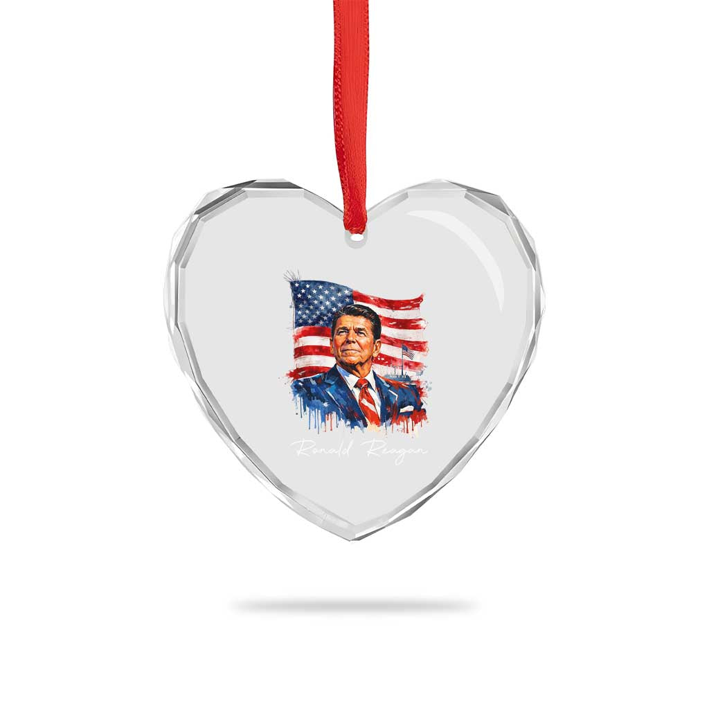 Ronald Regan Patriotic American Flag President Heart Crystal Glass Ornament