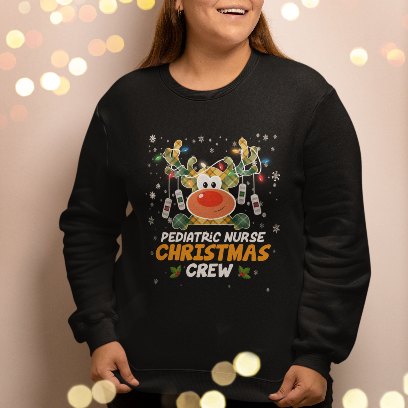 Pediatric Nurse Christmas Crew Cute Reindeer Light Sweatshirt - Wonder Print Shop