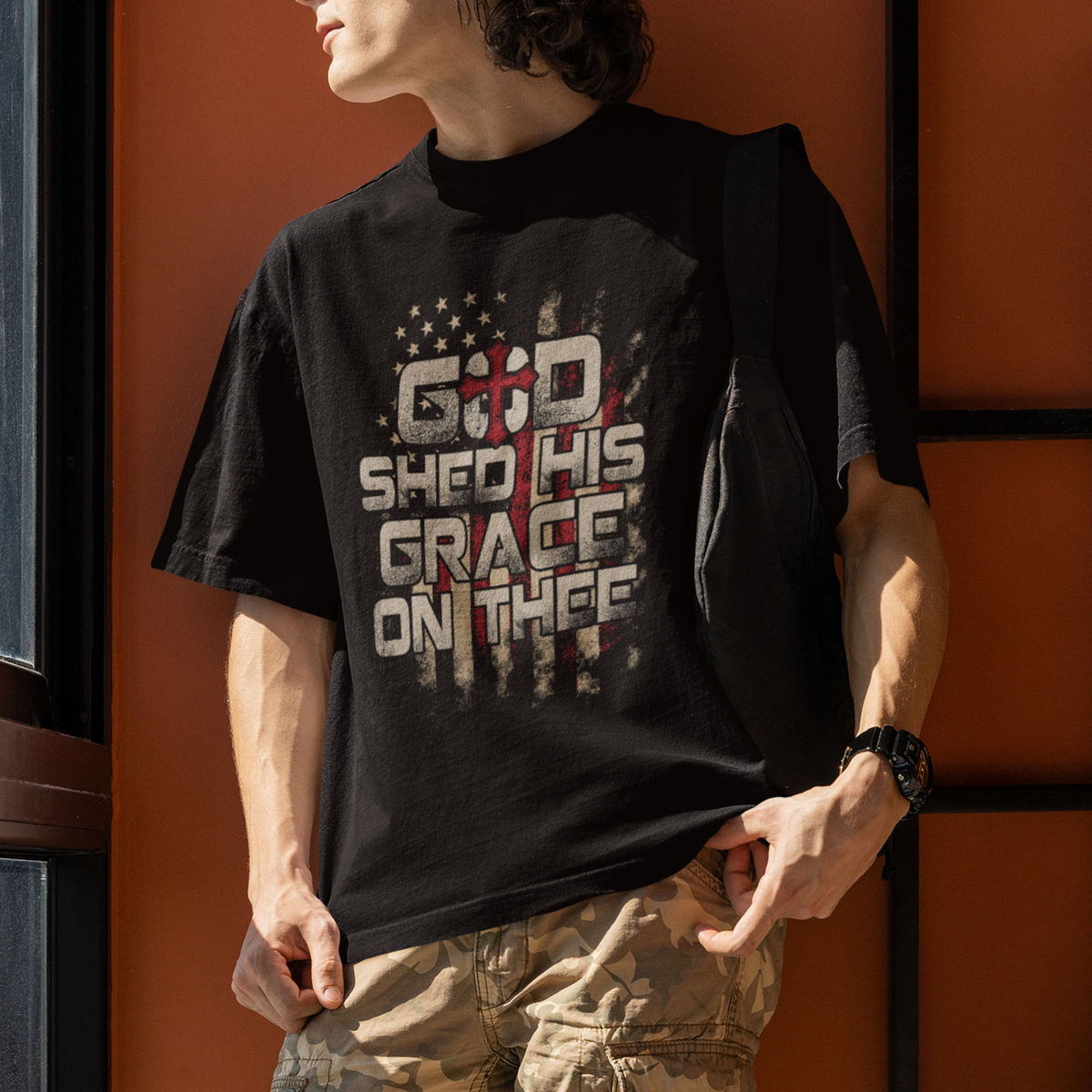 God Blessing T Shirt God Shed His Grace On Thee Amercan Flag Christian Cross - Wonder Print Shop