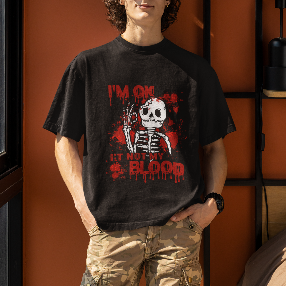 Funny Skeleton T Shirt I'm Ok It's Not My Blood Halloween Joke - Wonder Print Shop
