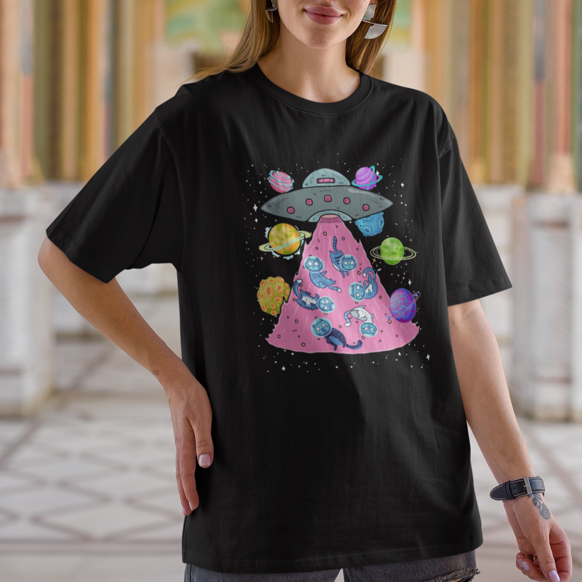 Cat Lover T Shirt UFO Catches Cat Into Space - Wonder Print Shop