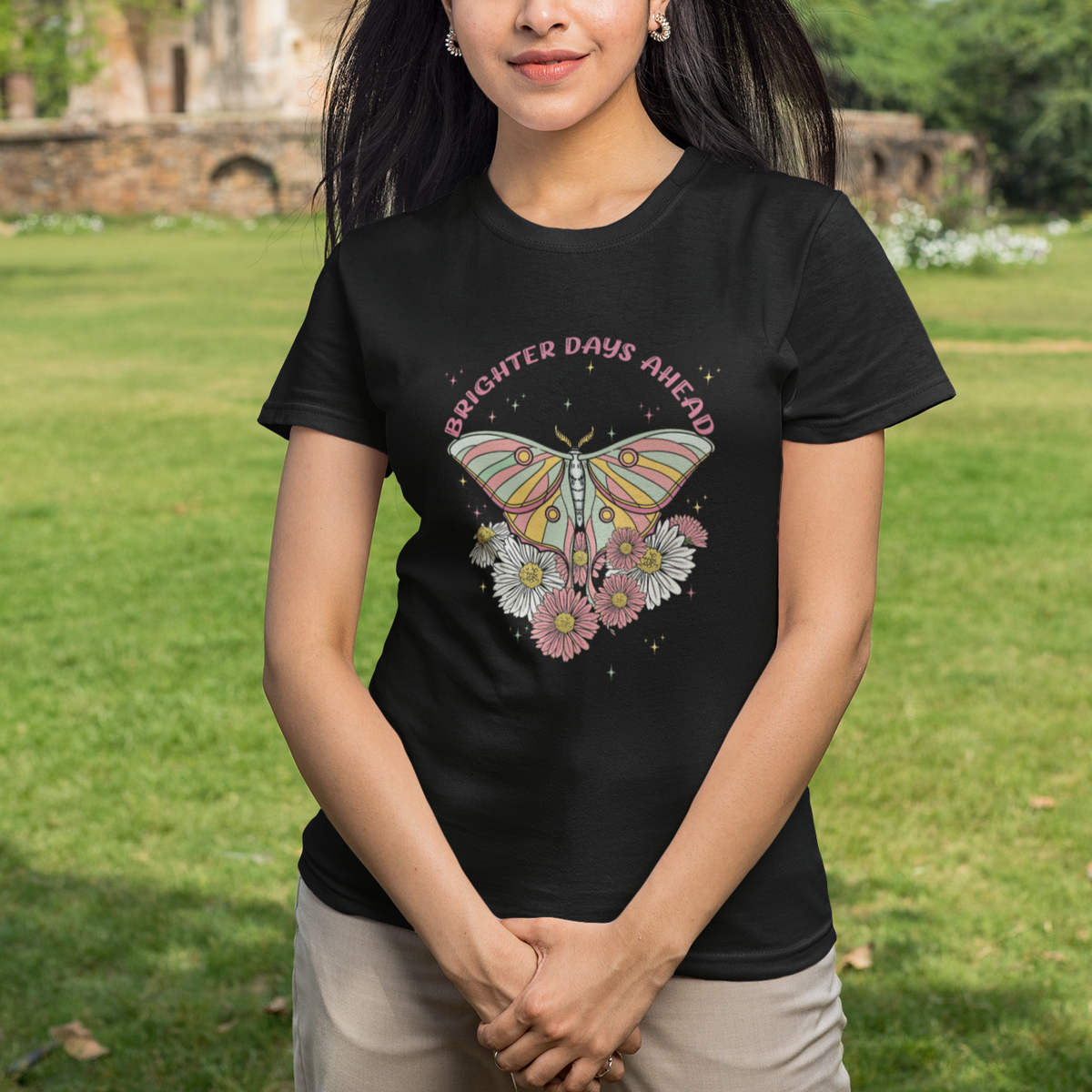 Cottagecore Retro Floral Luna Moth Brighter Days Ahead Inspirational Botanical Academia Moth T-Shirt For Women, Moth Spirituality T Shirt For Women - Wonder Print Shop