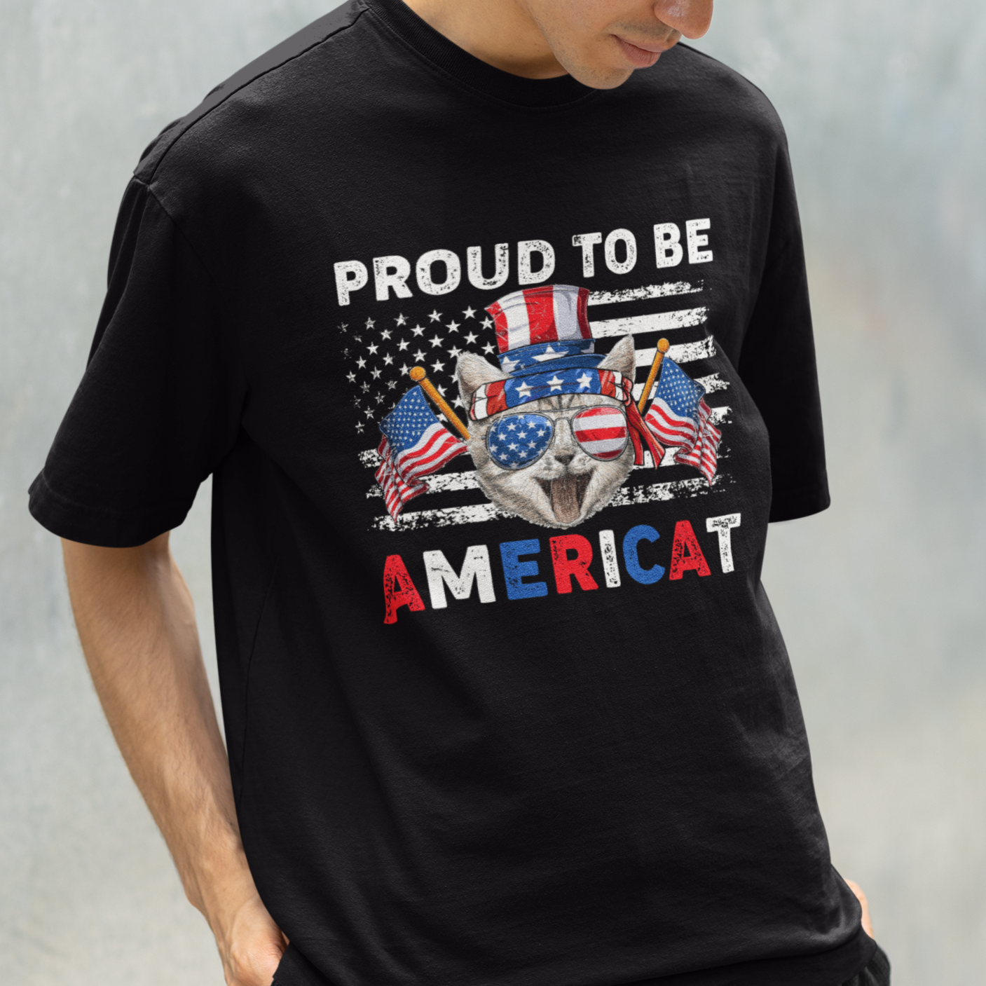American Cat T Shirt Proud To Be An Americat Patriotic American Cat 4th Of July Americat US Flag - Wonder Print Shop