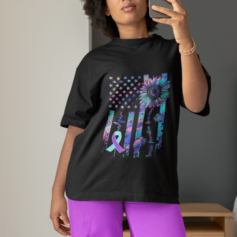 Suicide Prevention Awareness T Shirt Support Squad Teal And Purple American Flag Sunflower - Wonder Print Shop