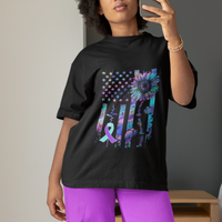 Suicide Prevention Awareness T Shirt Support Squad Teal And Purple American Flag Sunflower - Wonder Print Shop