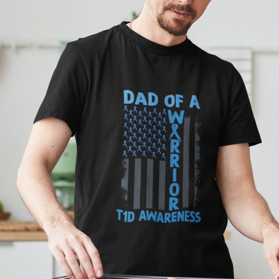 Blue American Flag Dad Of A Warrior T1D Awareness T Shirt - Wonder Print Shop