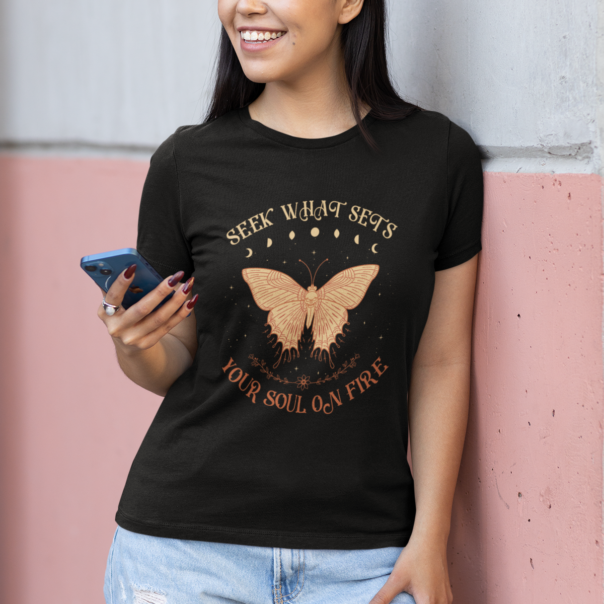 Celestial Entomology Mystic Moon Phases Dead Moth Seek What Sets Your Soul On Fire Hawkmoth T-Shirt for Women, Spiritual Moth Gift T Shirt For Women - Wonder Print Shop