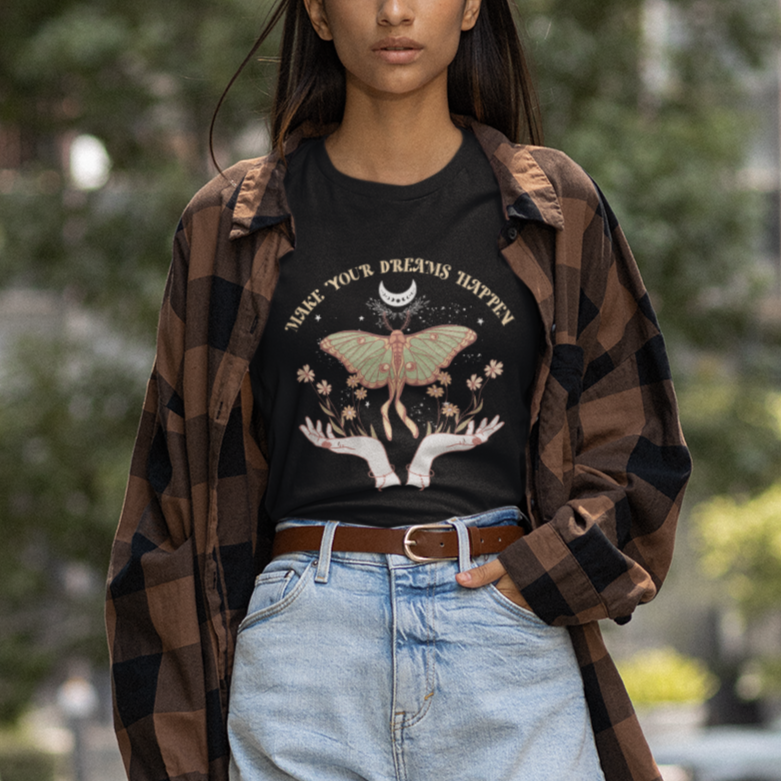 Cottagecore Witchy Occult Luna Moth Make Your Dreams Happen Mystical Moon Astrology Celestial T-Shirt For Women, Spiritual Moth T Shirt For Women - Wonder Print Shop