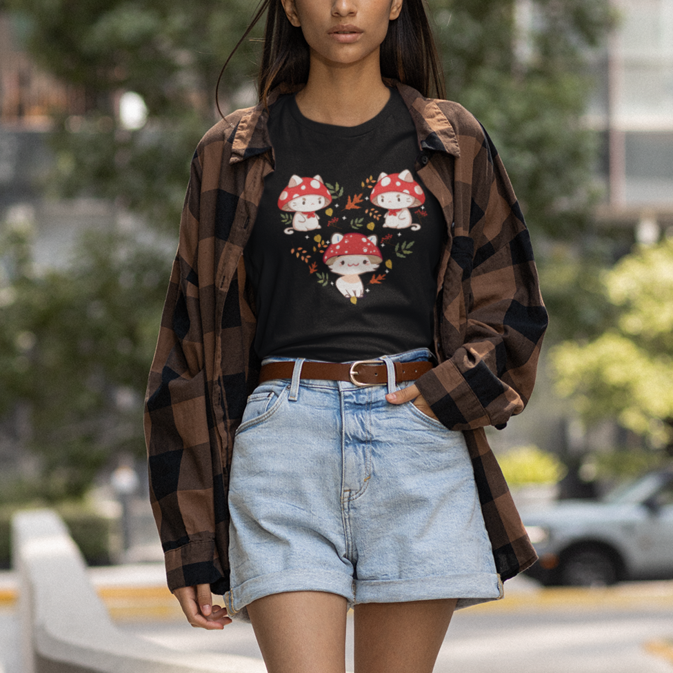 Cat with Mushroom Hat Heart Shape Cottagecore Aesthetic T Shirt - Wonder Print Shop