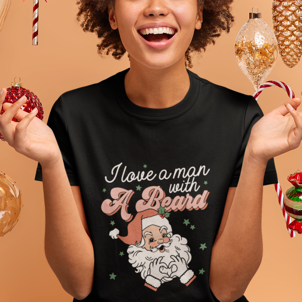 Christmas T Shirt For Women I Love A Man With A Beard Santa Xmas - Wonder Print Shop