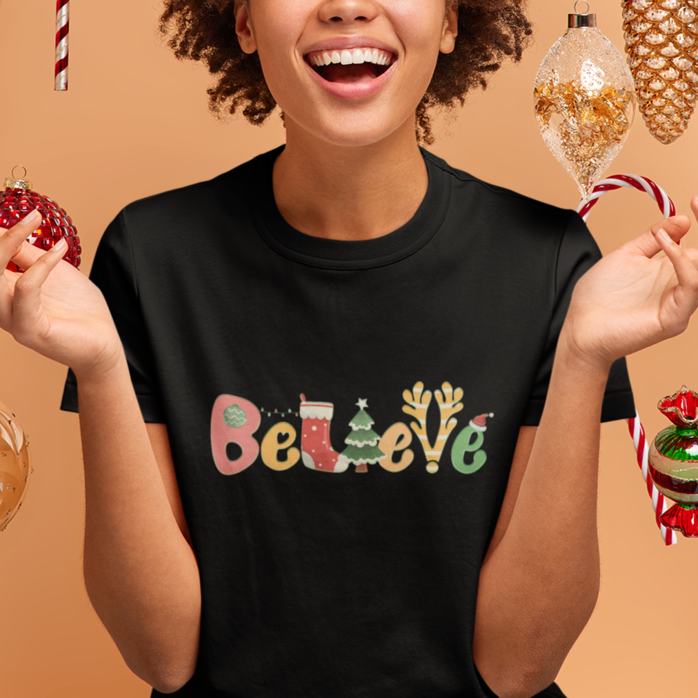 Believe Christmas T Shirt Santa Claus Reindeer Candy Cane Groovy Xmas - Wonder Print Shop