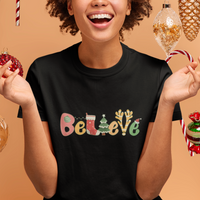 Believe Christmas T Shirt Santa Claus Reindeer Candy Cane Groovy Xmas - Wonder Print Shop