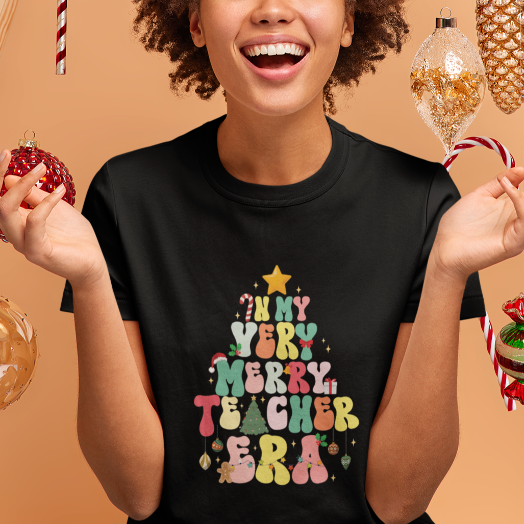 In My Very Merry Teacher Era Xmas Groovy Christmas Tree T Shirt - Wonder Print Shop