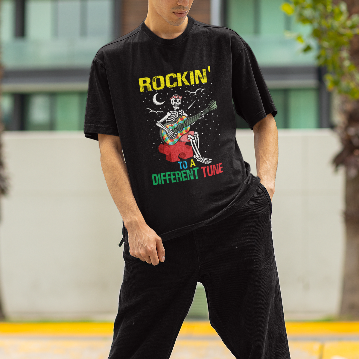 Autism Awareness T Shirt Rockin' To A Different Tune Skeleton - Wonder Print Shop
