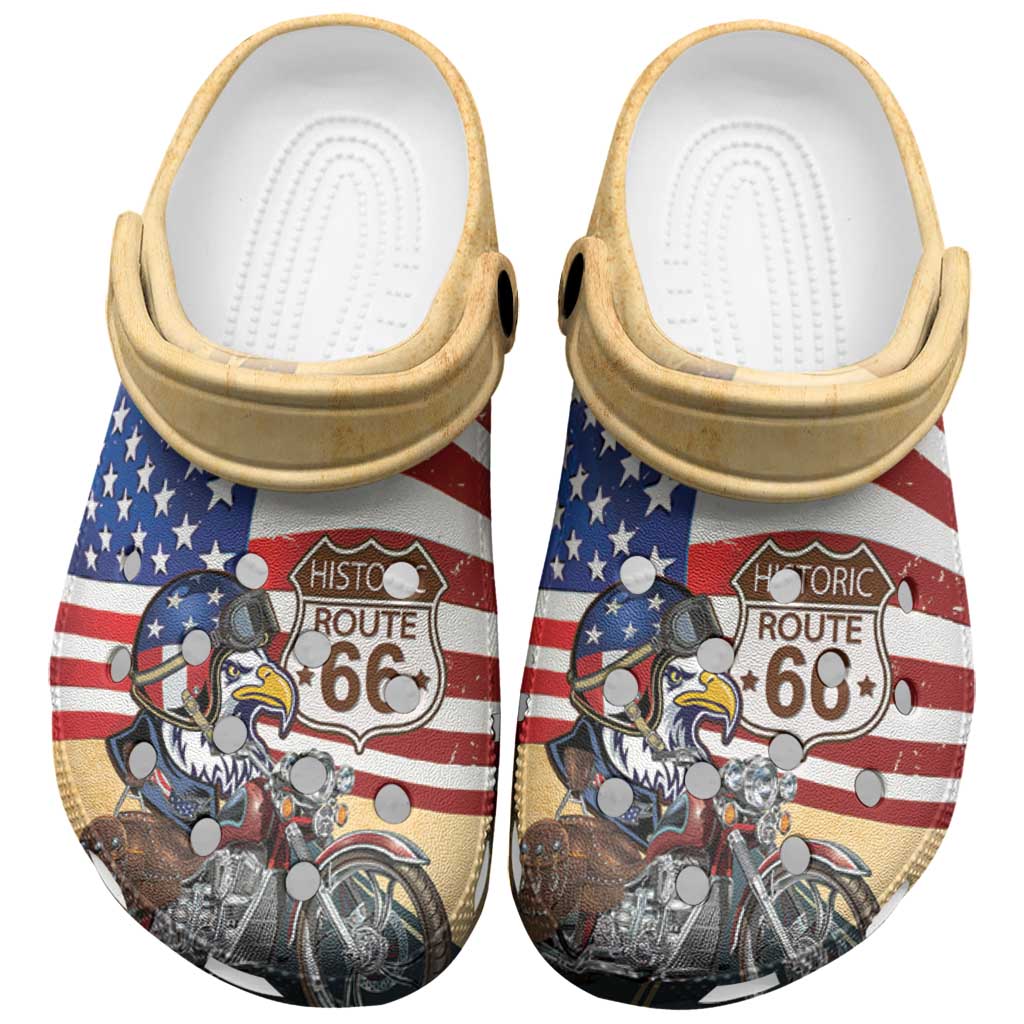 Route 66 United States Clogs Shoes Historic Highway USA Eagle With Motorcycle - Wonder Print Shop
