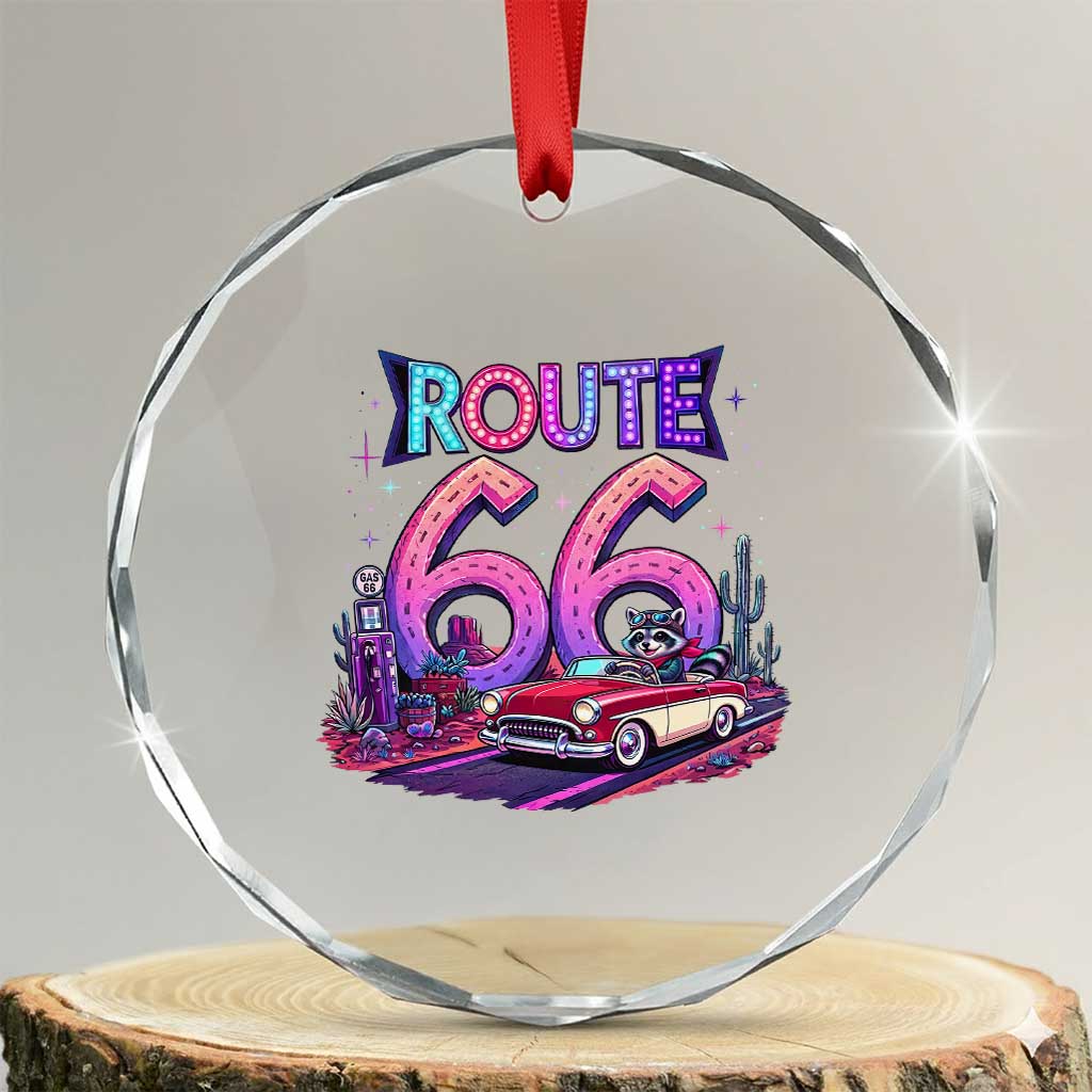 Route Highway 66 Americana Adventure Crystal Glass Ornament Cute Raccoon Driving Car