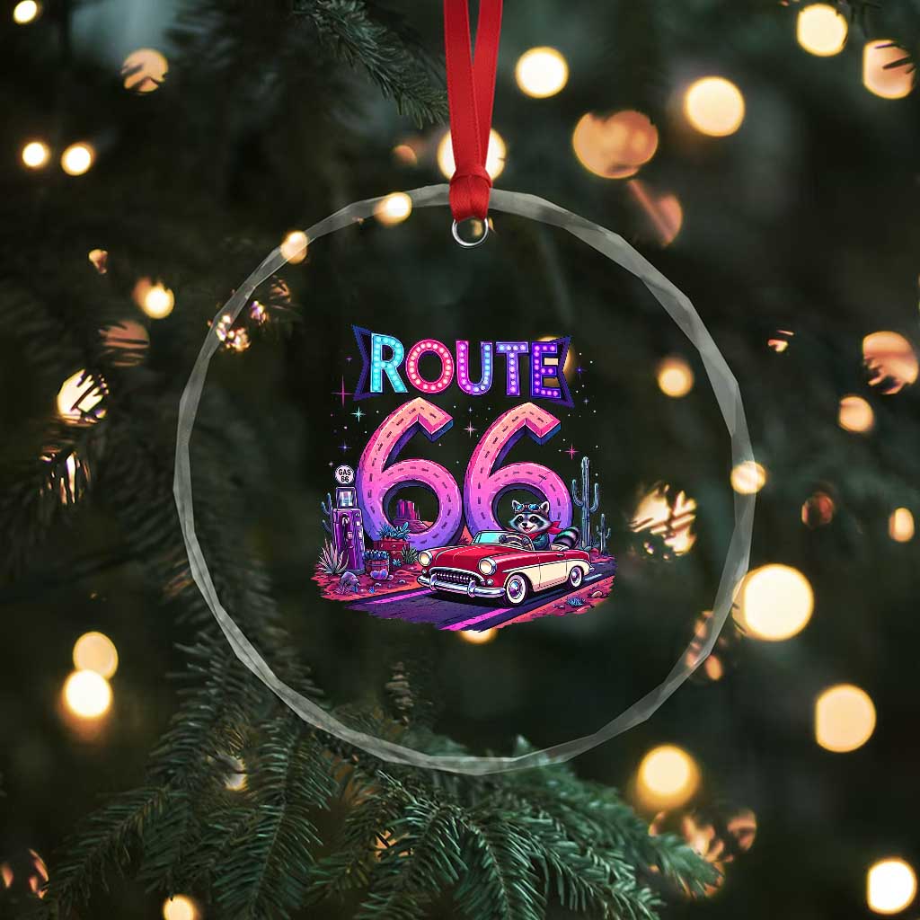 Route Highway 66 Americana Adventure Crystal Glass Ornament Cute Raccoon Driving Car