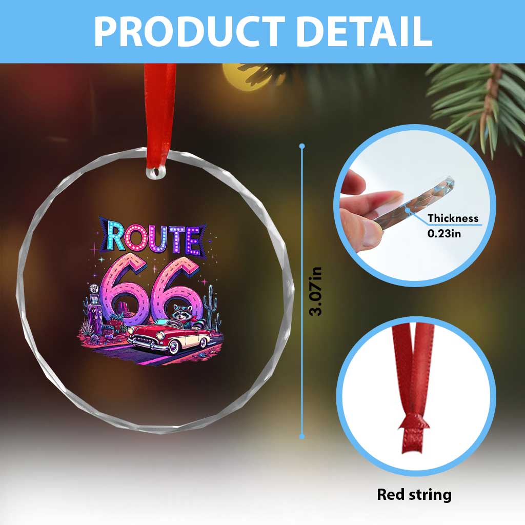 Route Highway 66 Americana Adventure Crystal Glass Ornament Cute Raccoon Driving Car