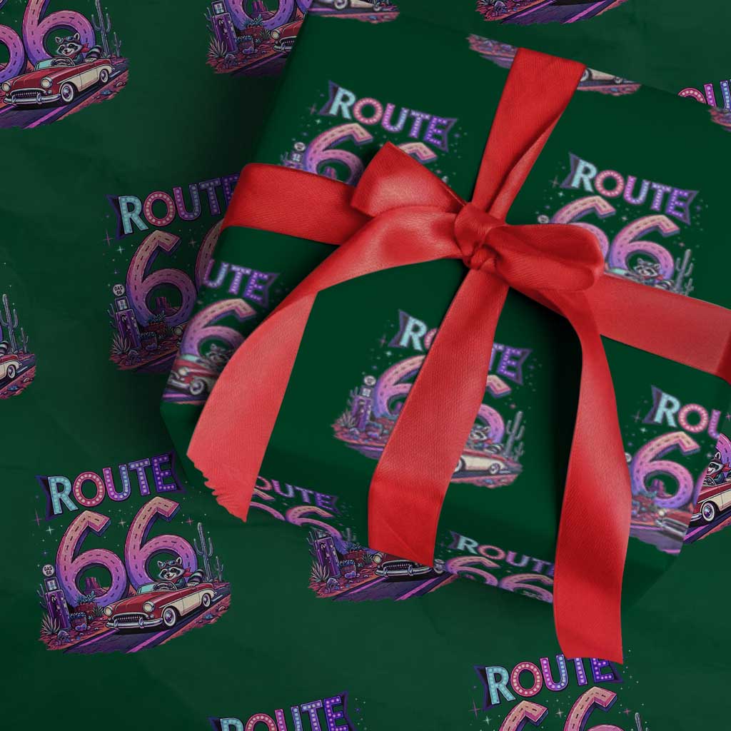 Route Highway 66 Americana Adventure Wrapping Paper Roll Cute Raccoon Driving Car