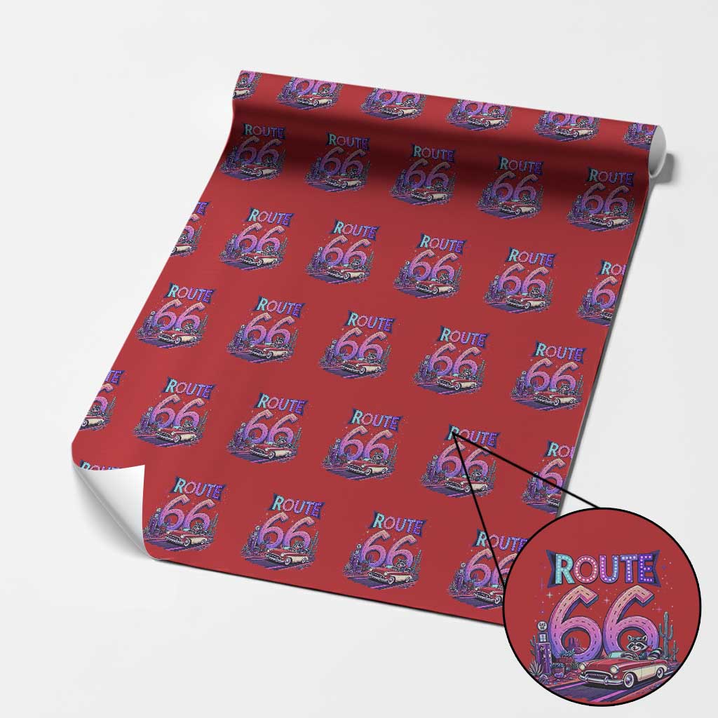 Route Highway 66 Americana Adventure Wrapping Paper Roll Cute Raccoon Driving Car