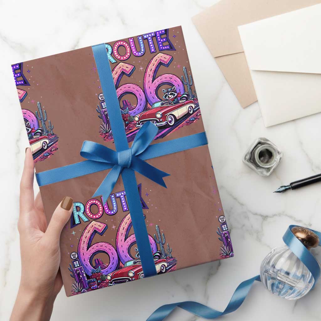 Route Highway 66 Americana Adventure Wrapping Paper Roll Cute Raccoon Driving Car