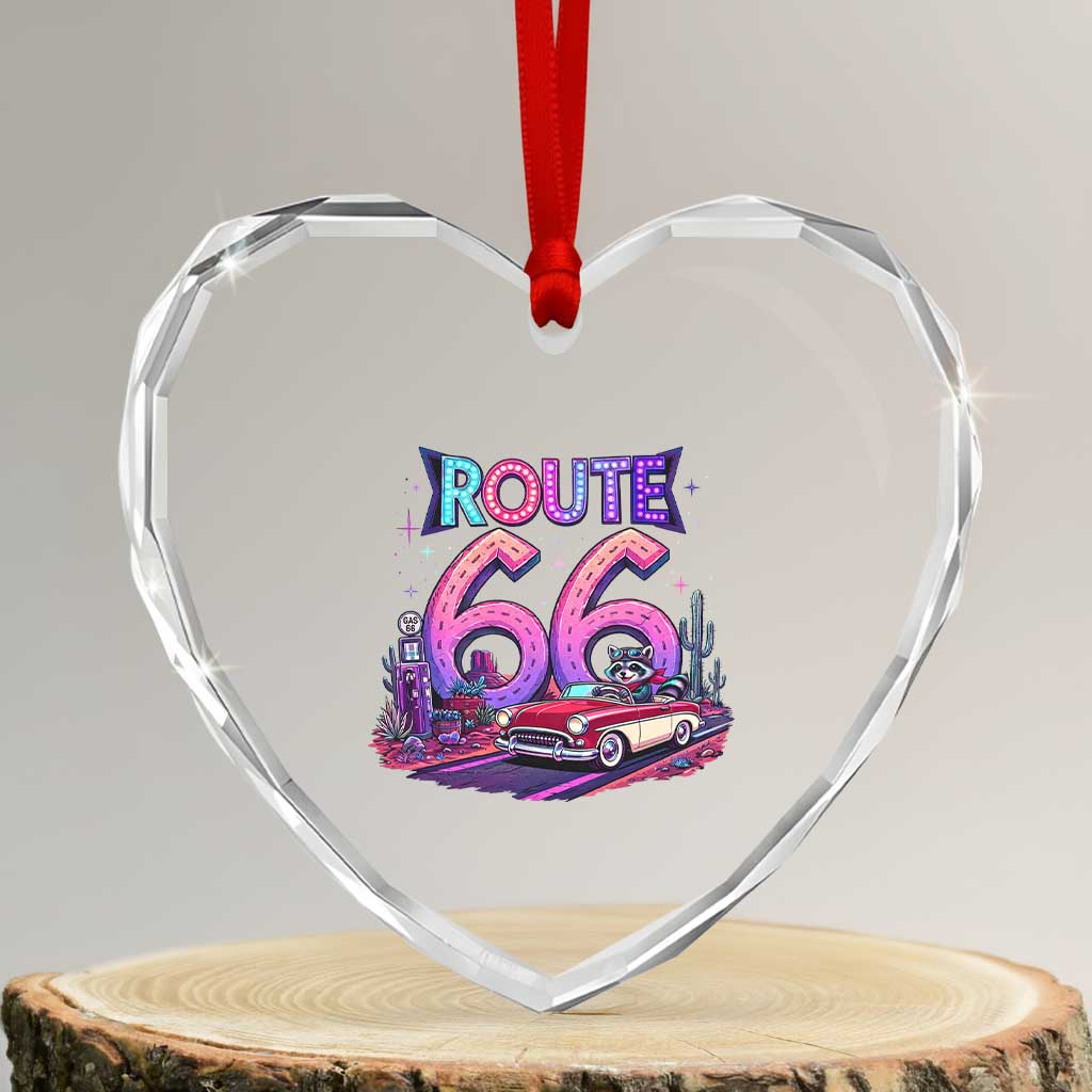 Route Highway 66 Americana Adventure Heart Crystal Glass Ornament Cute Raccoon Driving Car