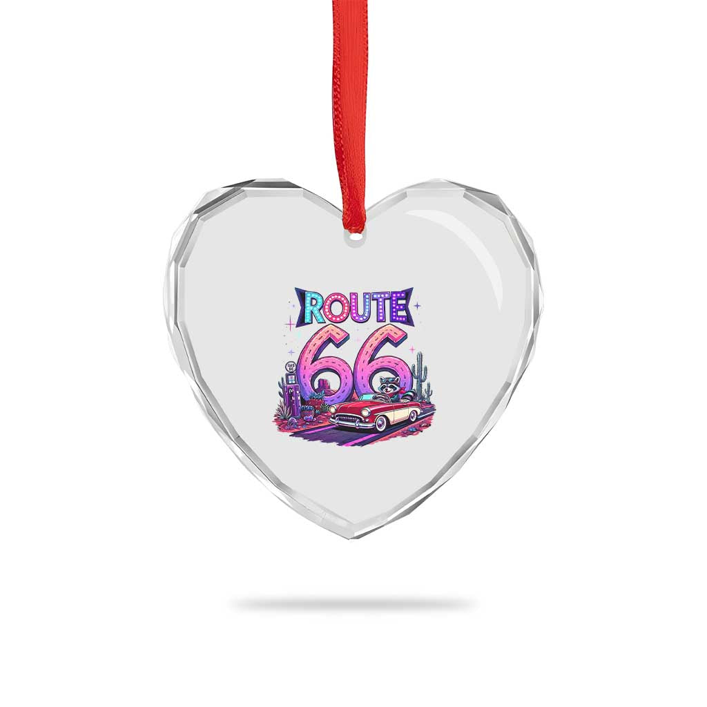 Route Highway 66 Americana Adventure Heart Crystal Glass Ornament Cute Raccoon Driving Car