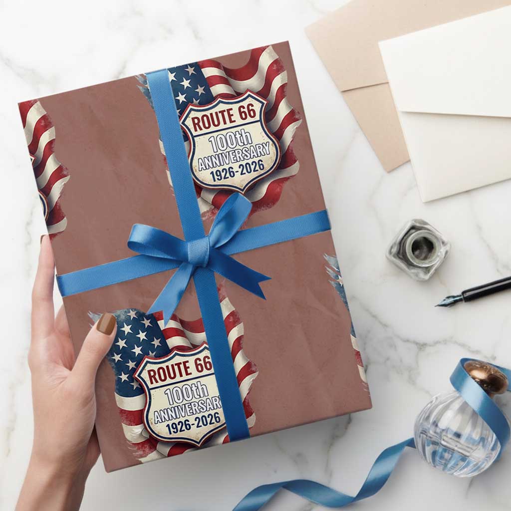 Route Highway 66 Centennial Wrapping Paper Roll Vintage American Flag Patriotic Gift