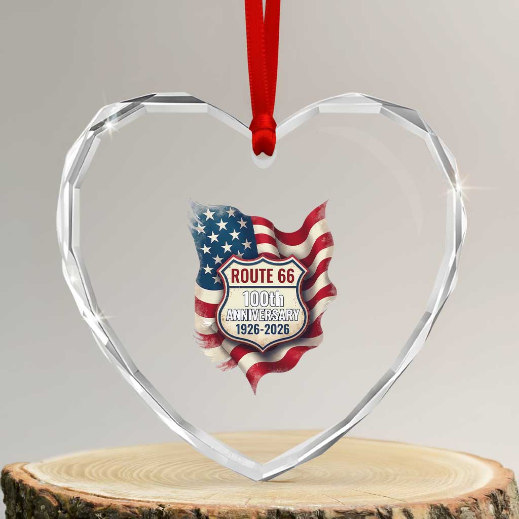 Route Highway 66 Centennial Heart Crystal Glass Ornament Vintage American Flag Patriotic Gift
