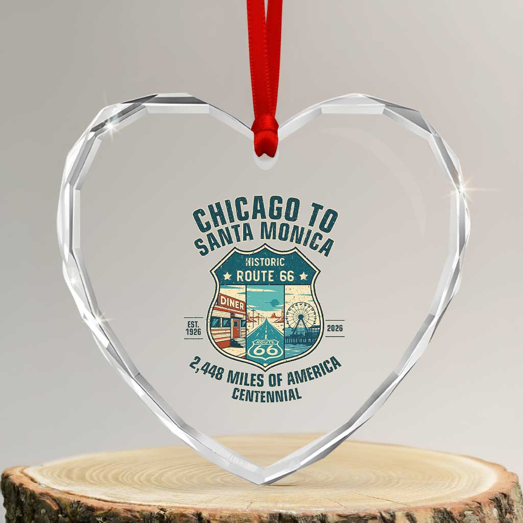 Route Highway 66 Chicago Santa Monica Vintage America Road Trip Heart Crystal Glass Ornament