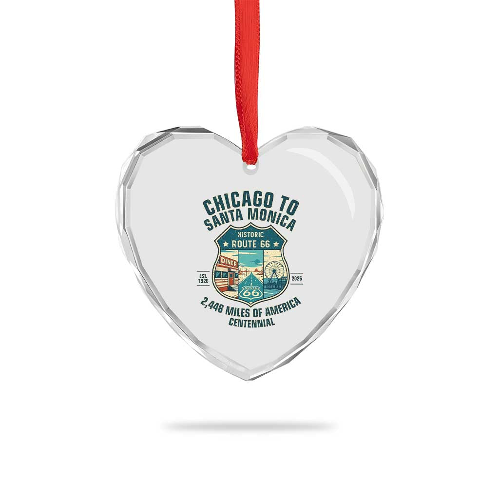 Route Highway 66 Chicago Santa Monica Vintage America Road Trip Heart Crystal Glass Ornament