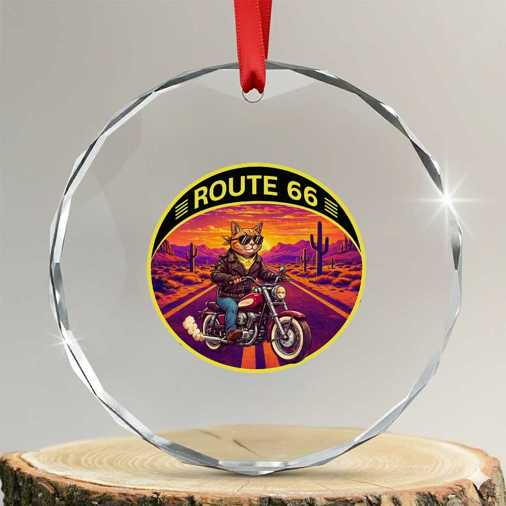 Route Highway 66 Motorcycle Cat Crystal Glass Ornament Open Road Adventure Neon