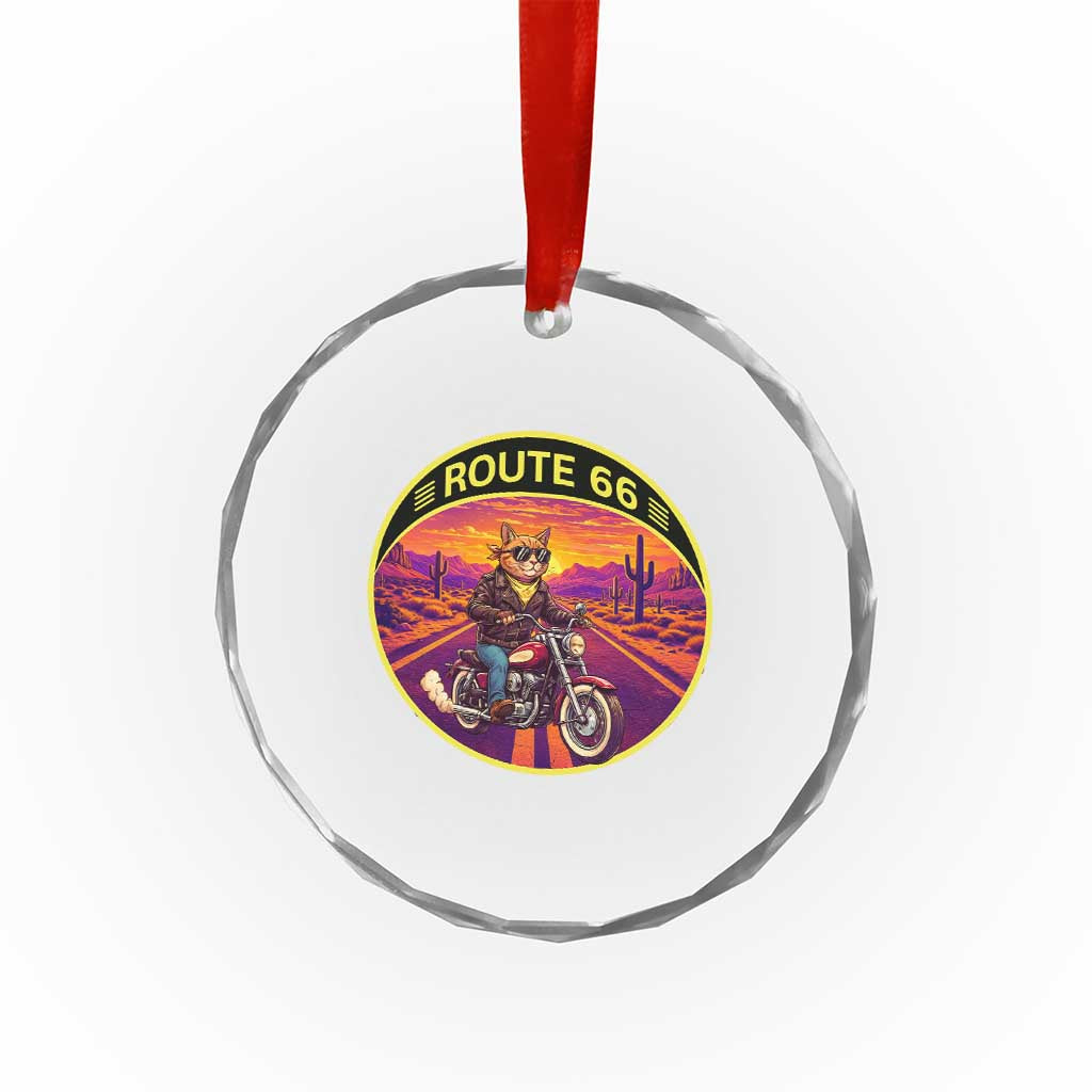 Route Highway 66 Motorcycle Cat Crystal Glass Ornament Open Road Adventure Neon