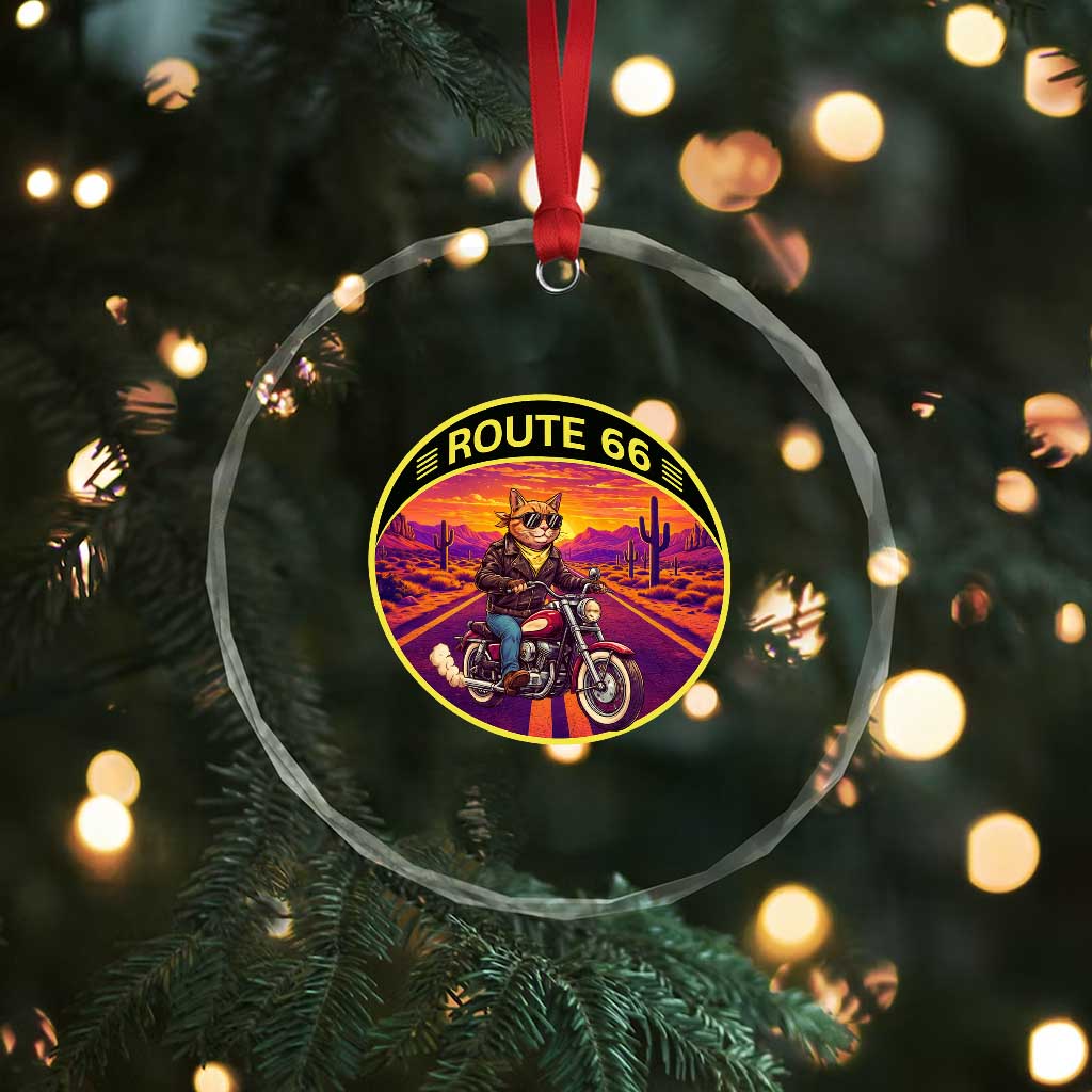Route Highway 66 Motorcycle Cat Crystal Glass Ornament Open Road Adventure Neon