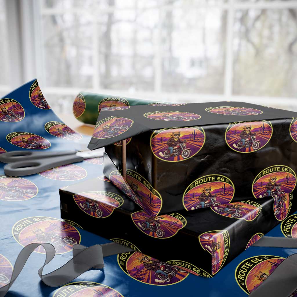 Route Highway 66 Motorcycle Cat Wrapping Paper Roll Open Road Adventure Neon